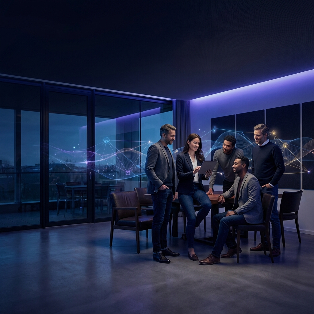 Equipe diversa em ambiente corporativo moderno high-tech