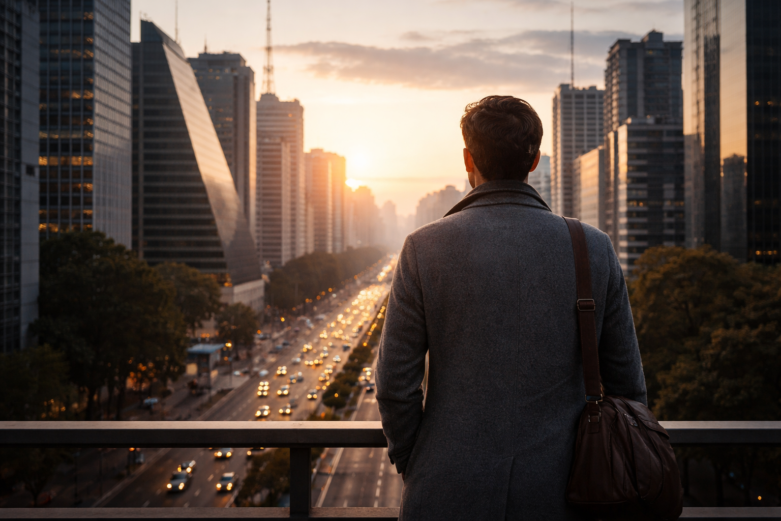 Profissional observando a cidade ao amanhecer, refletindo sobre decisões de carreira e futuro profissional.
