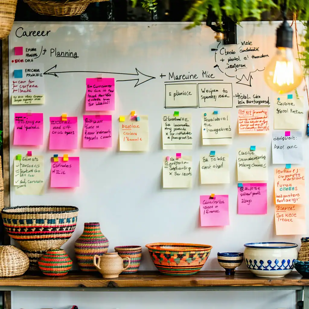 Mesa de trabalho com anotações, post-its e objetos pessoais, representando sobrecarga mental e excesso de demandas no ambiente profissional.