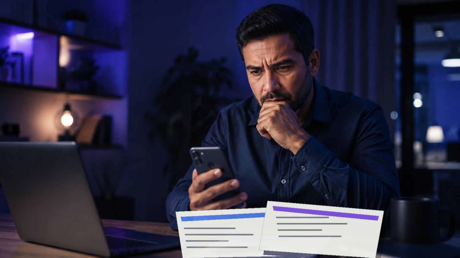 Profissional comparando duas propostas de emprego antes de tomar uma decisão