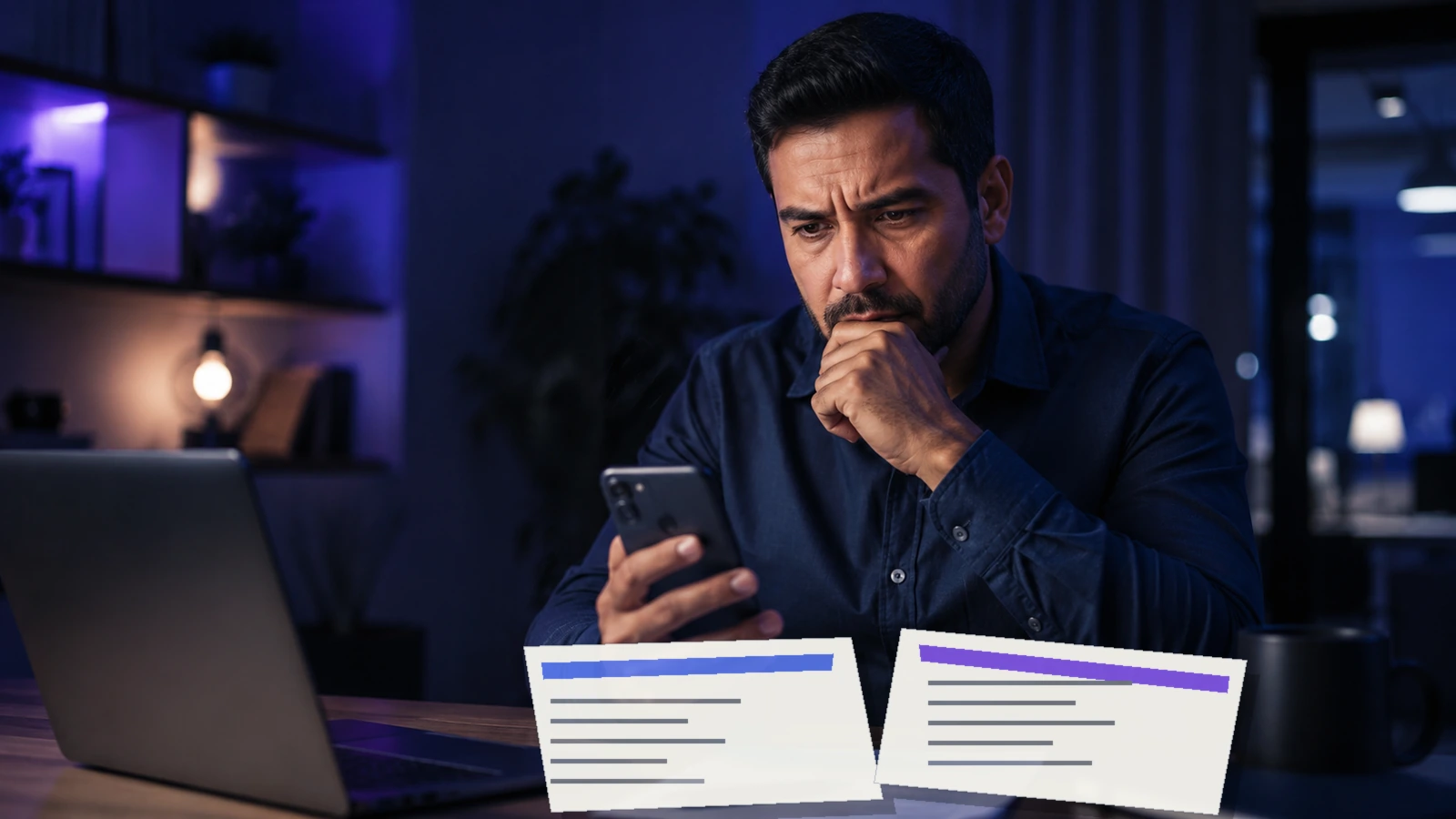 Profissional comparando uma contraproposta da empresa atual com uma nova oferta de emprego