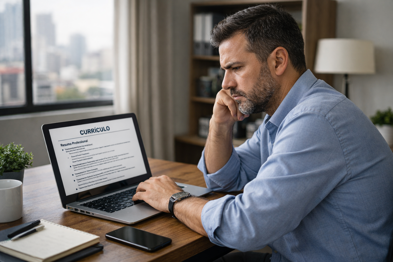 Profissional sênior analisando currículo no notebook após não receber convites para entrevista