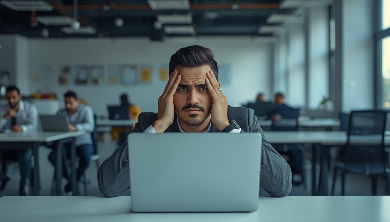 Profissional sentado diante do notebook demonstrando sinais de estresse e preocupação no ambiente de trabalho.