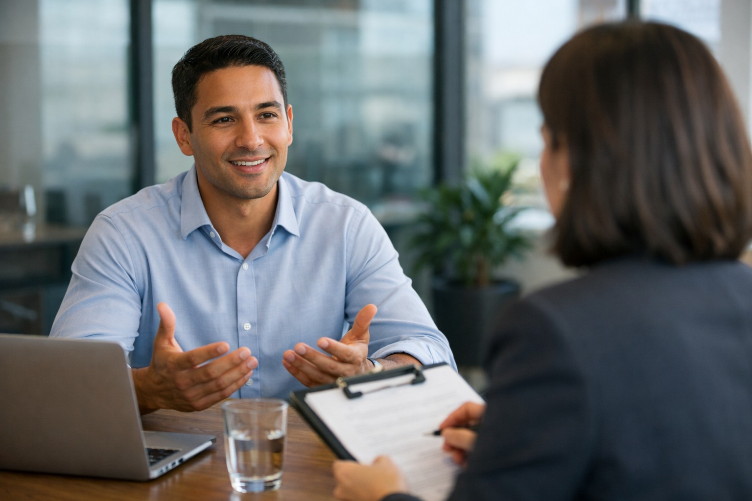 Profissional em entrevista de emprego conversando com recrutadora em escritório moderno no Brasil.