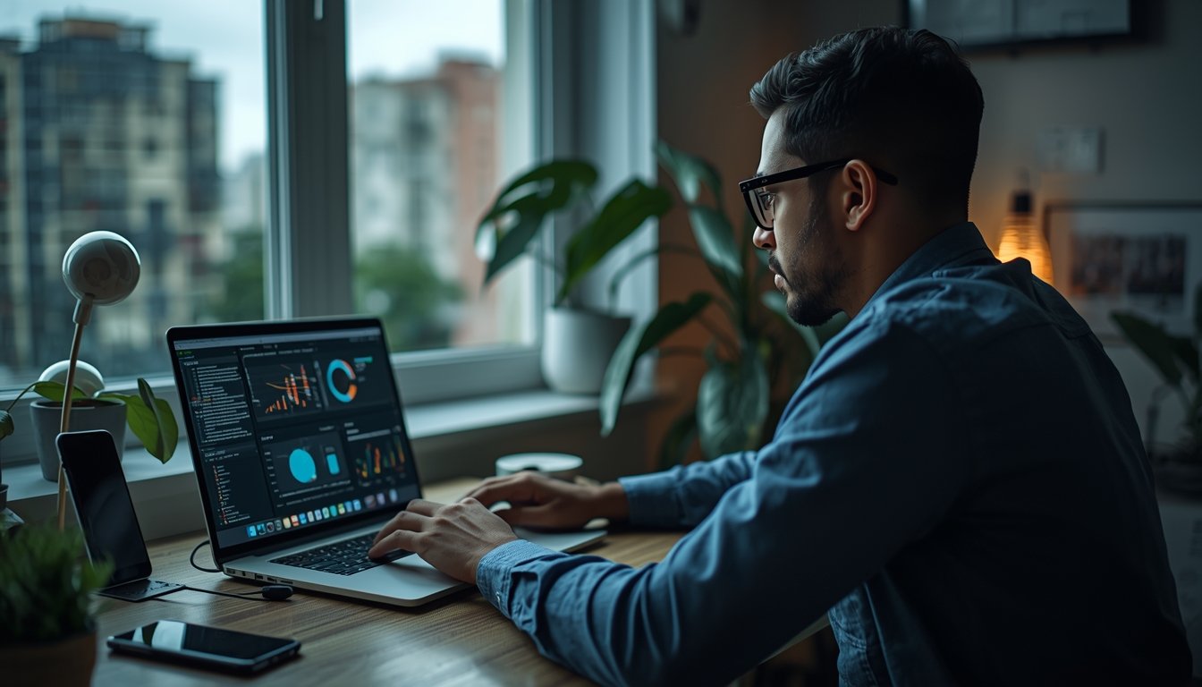 Profissional trabalhando em ambiente digital com múltiplas telas, analisando dados e utilizando tecnologia no contexto do futuro do trabalho.