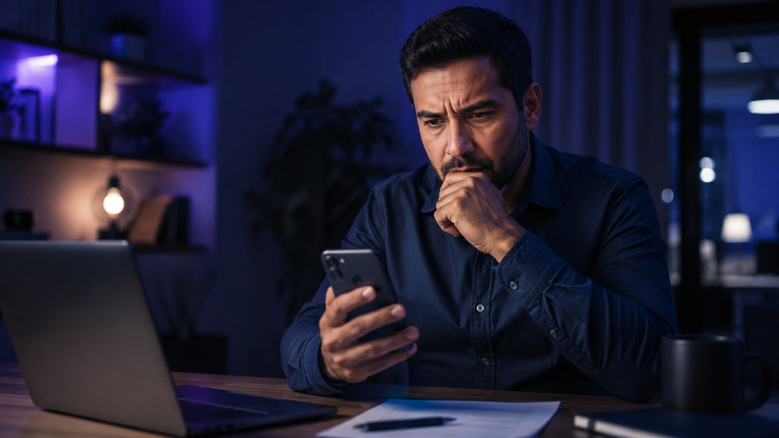 Pessoa desconfiada ao receber uma falsa oferta de emprego pelo celular