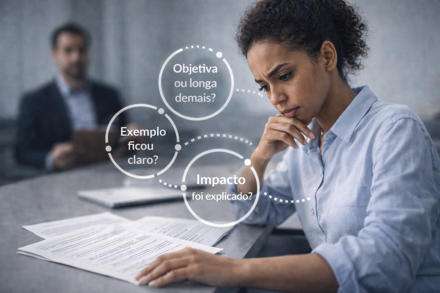 Profissional em uma entrevista de emprego ouvindo atentamente uma pergunta desafiadora em um ambiente corporativo.