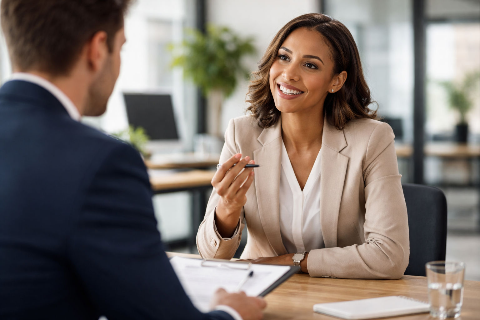 Profissional em entrevista de emprego fazendo uma pergunta ao recrutador em escritório moderno.