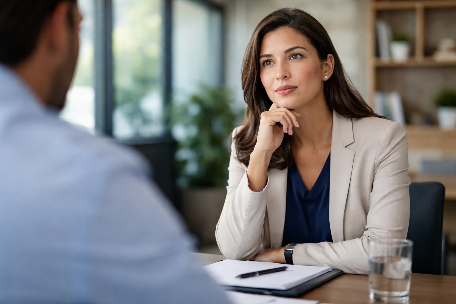 Profissional em entrevista de emprego refletindo antes de responder sobre pontos fortes e fracos