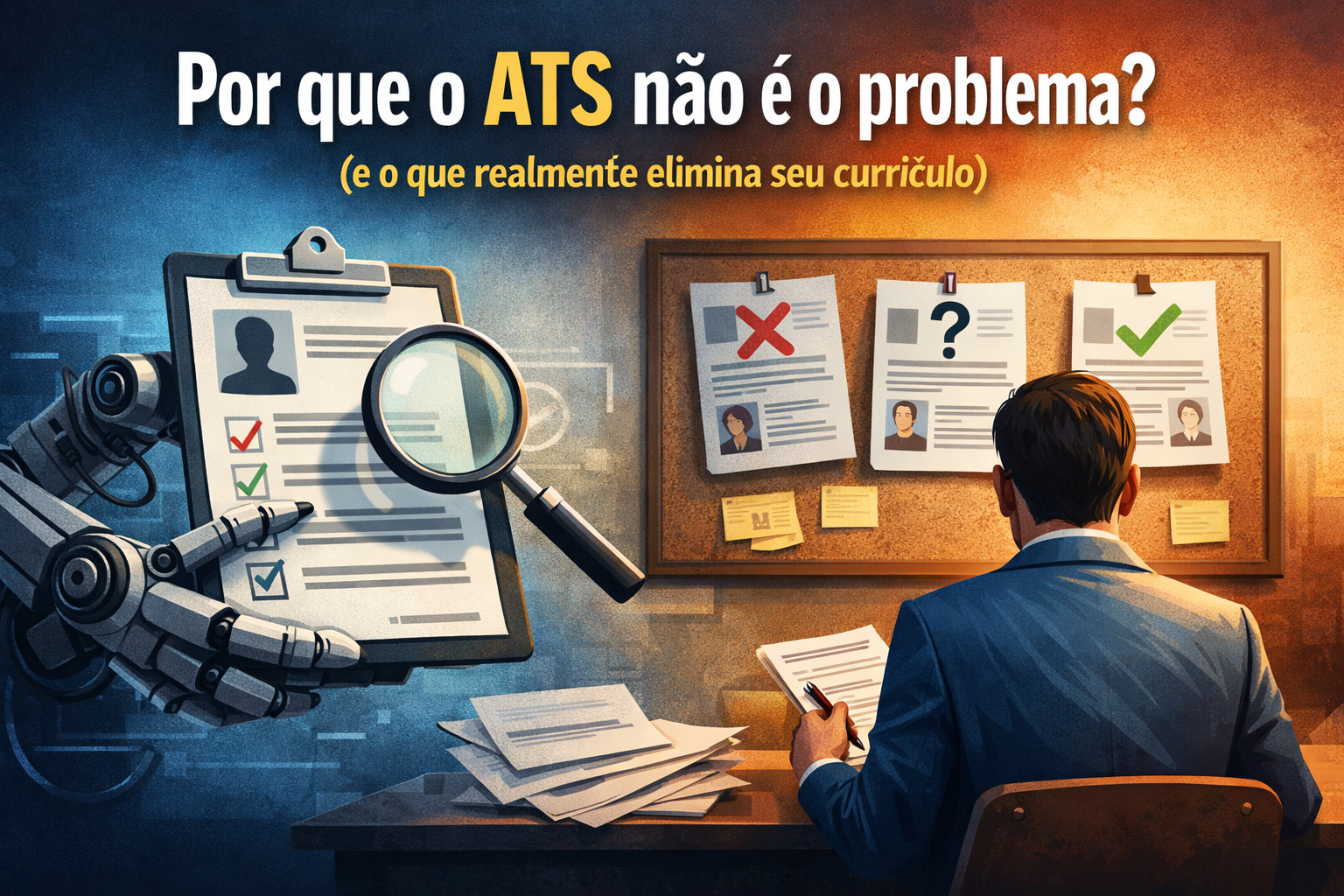Ilustração com um braço robótico analisando um currículo e um recrutador avaliando candidaturas em um painel, destacando que o ATS não é o principal motivo de eliminação.