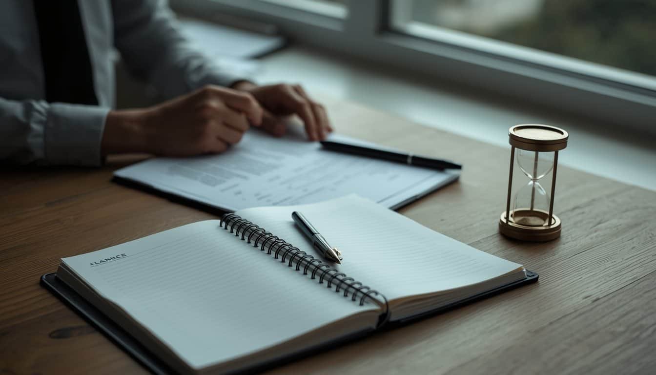 Profissional analisando anotações em uma mesa de trabalho com uma ampulheta, simbolizando decisão e transição de carreira.