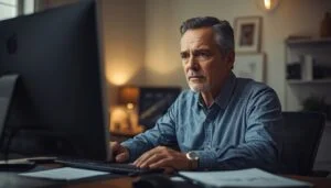 Profissional experiente acima de 50 anos trabalhando concentrado em frente ao computador em ambiente corporativo, representando recolocação profissional e atualização no mercado de trabalho.