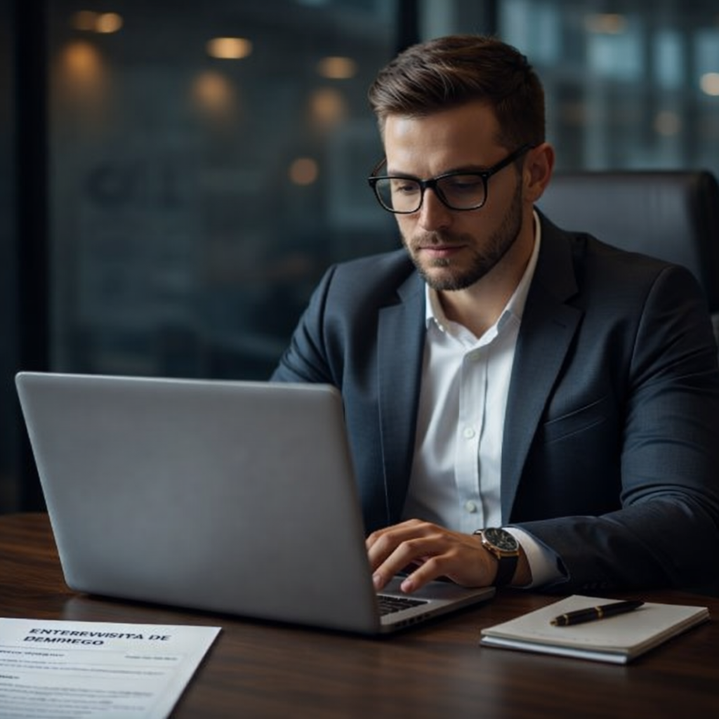 Profissional treinando para entrevista de emprego sozinho em frente ao notebook em ambiente silencioso.