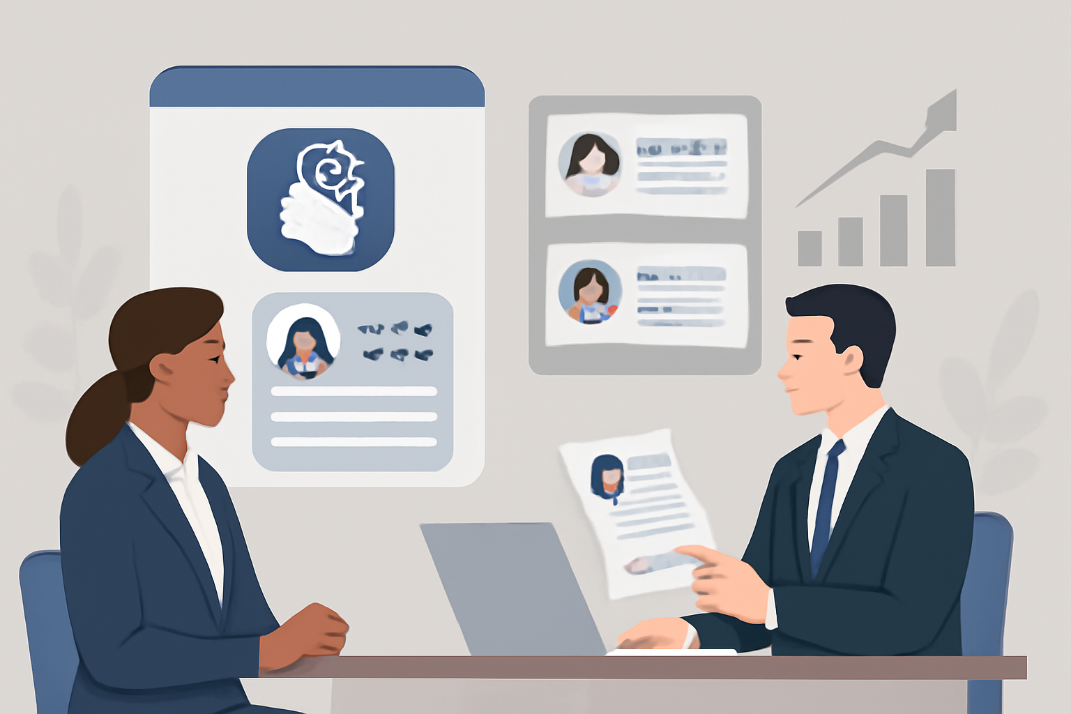 Ilustração profissional relacionada a Triagem por IA e contratação por habilidades: como evidenciar competências, manter o julgamento humano no radar e entender mudanças ocupacionais.