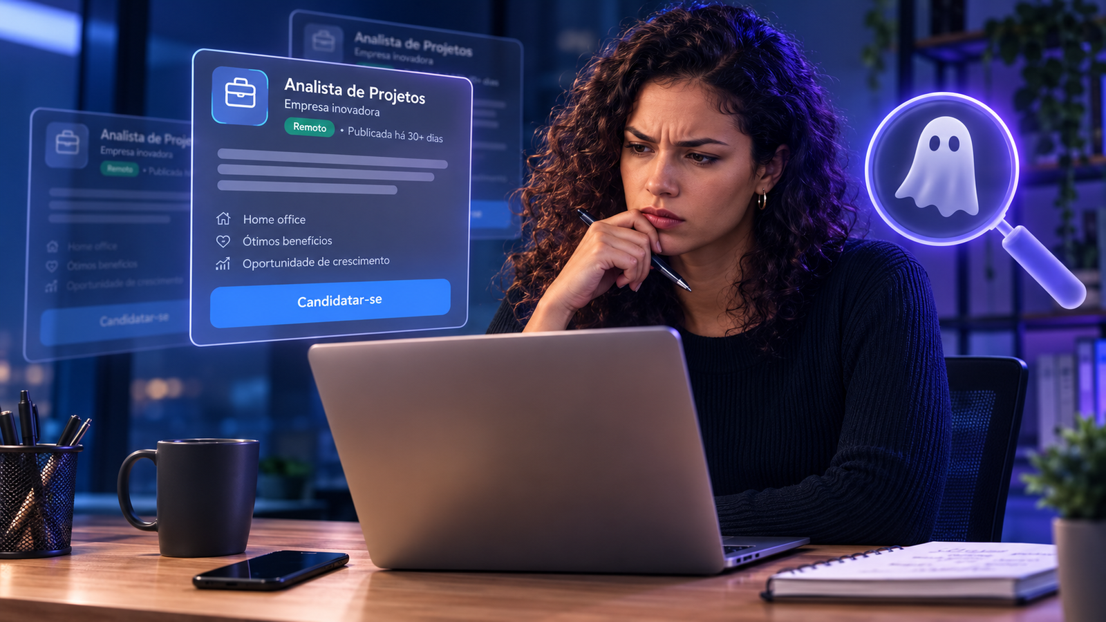 Profissional analisando um anúncio de emprego que pode não levar a uma contratação