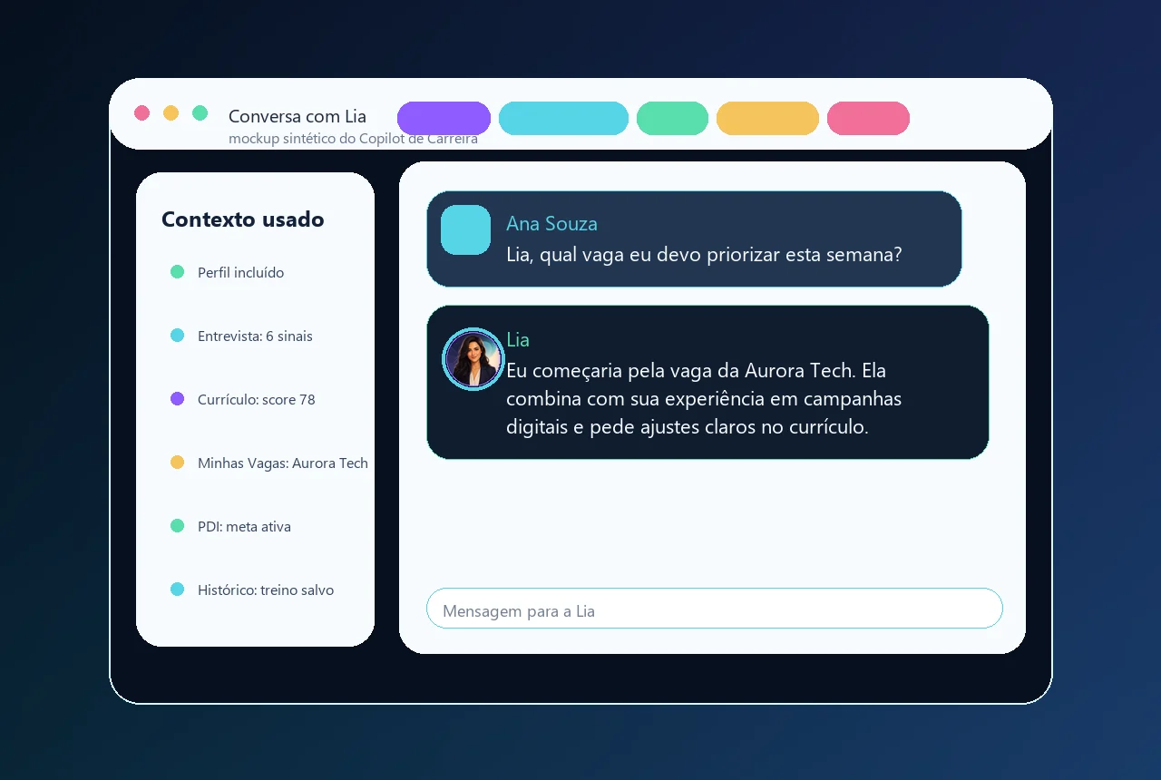 Mockup sintético do Copilot de Carreira com conversa da Lia usando contexto de currículo, vagas, PDI e entrevista.
