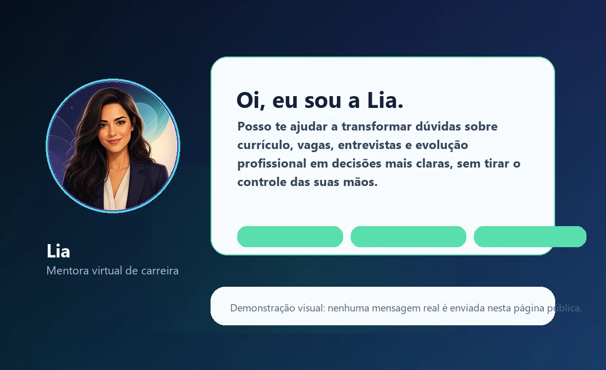 Mockup sintético com avatar da Lia e balão explicando que ela organiza dúvidas sobre currículo, vagas e evolução profissional.