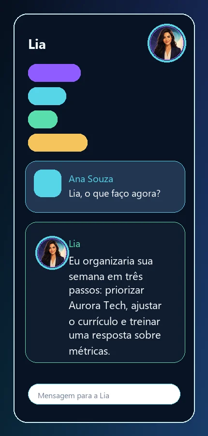 Mockup sintético mobile do Copilot de Carreira com conversa da Lia sobre próximos passos.