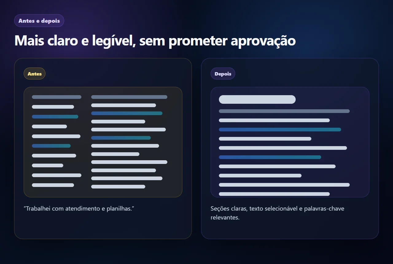 Comparação visual entre currículo com layout confuso e currículo com estrutura mais clara