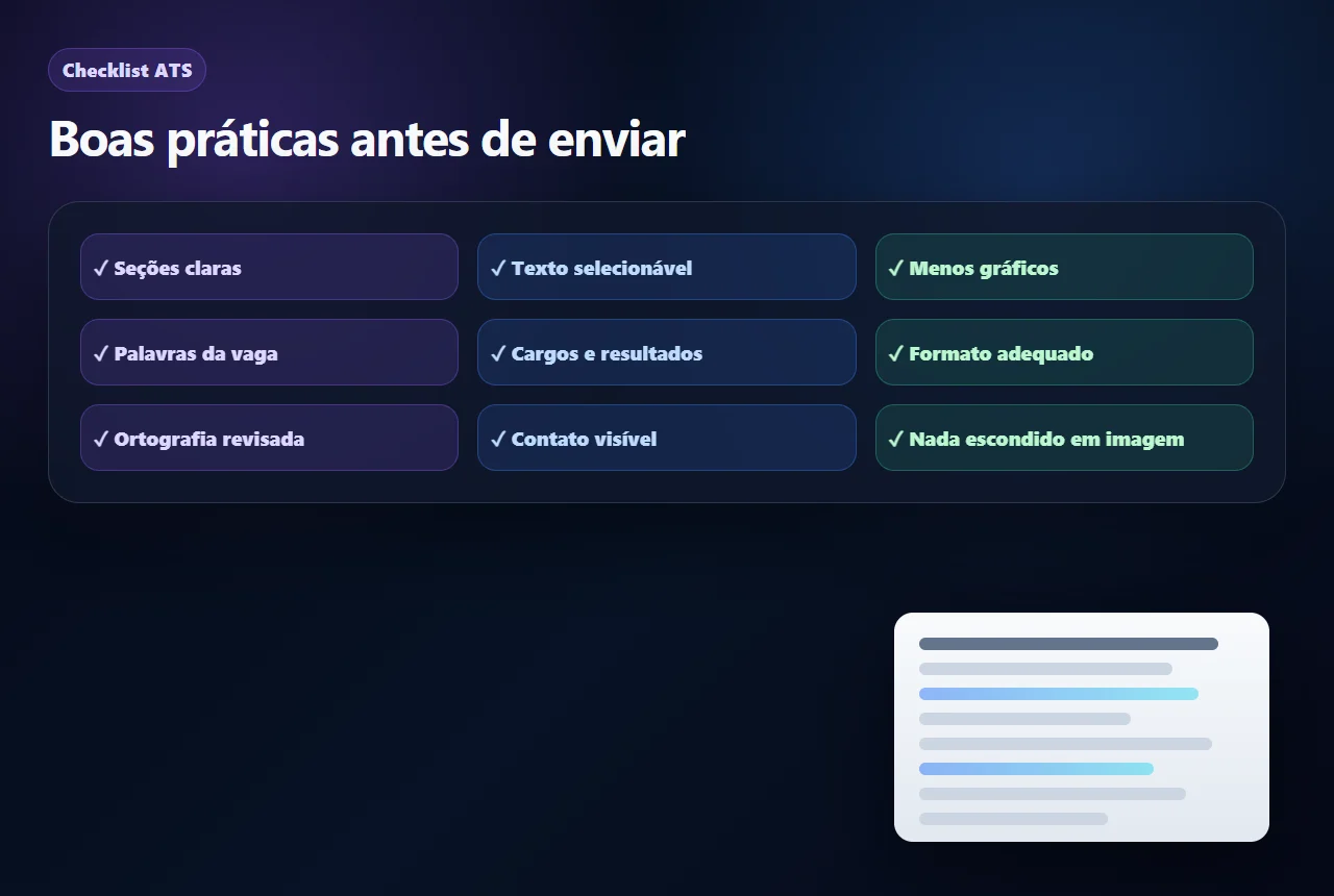 Checklist visual de boas práticas para deixar o currículo mais legível para sistemas de triagem