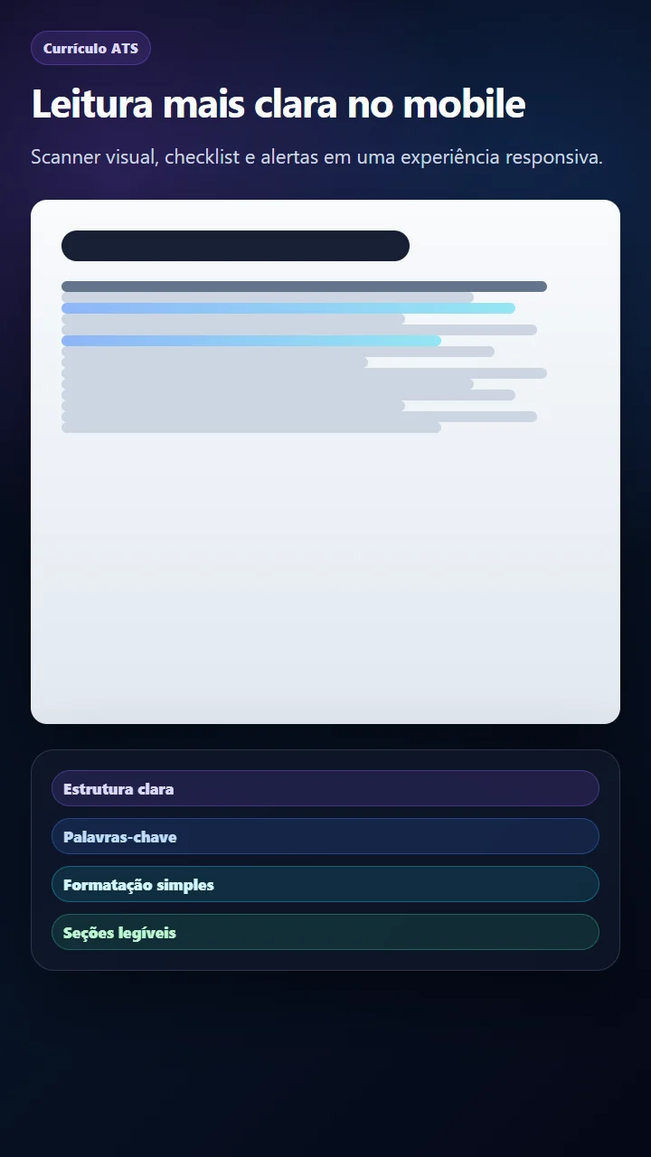 Mockup mobile da página de Currículo ATS com scanner visual e checklist responsivo