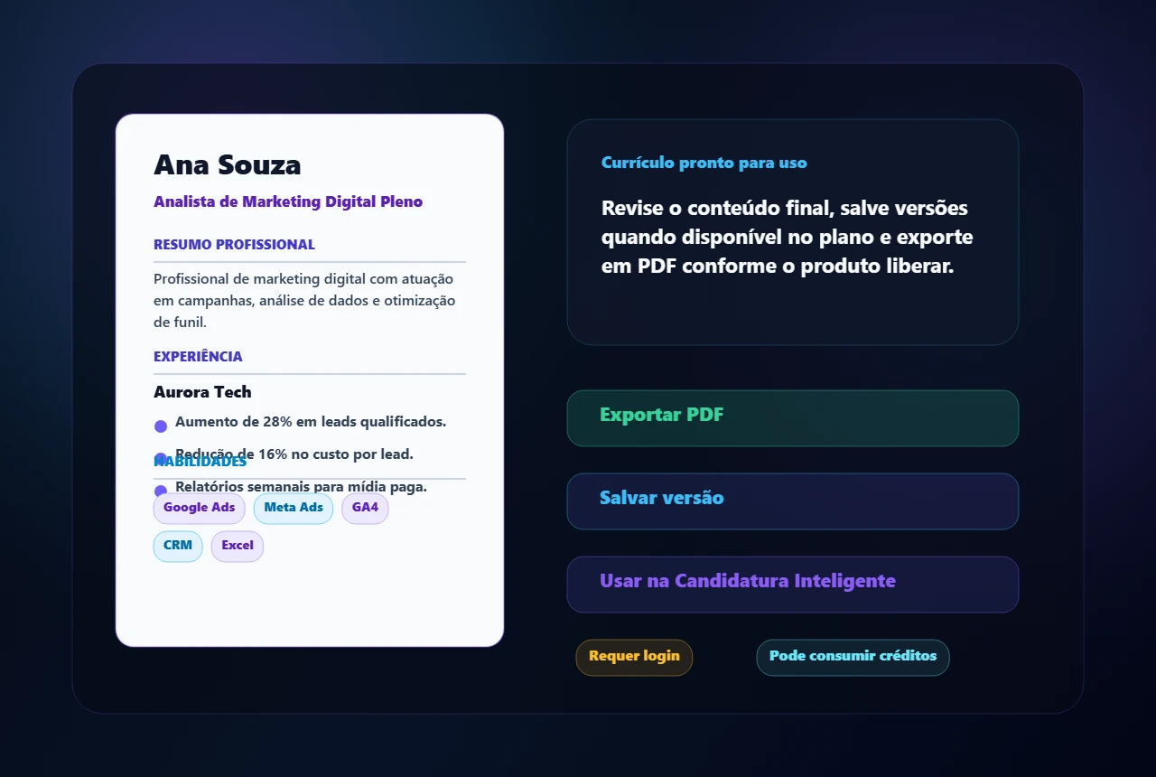 Mockup de currículo pronto com opções fictícias de exportar PDF, salvar versão e usar em candidatura.