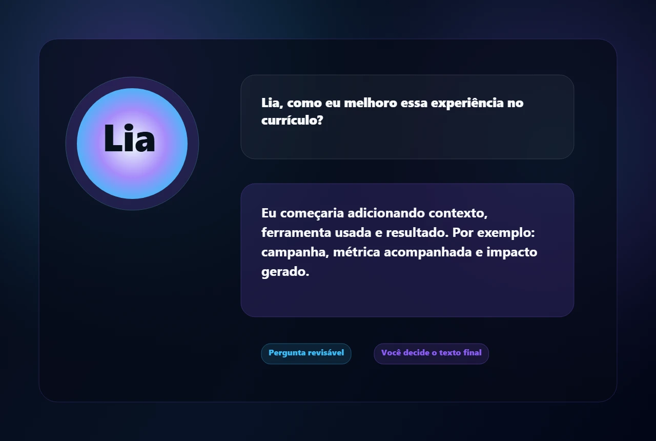 Mockup sintético da Lia orientando como melhorar uma experiência no currículo.