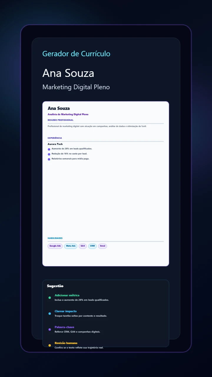 Mockup mobile do Gerador de Currículo com IA exibindo preview e sugestão de melhoria.