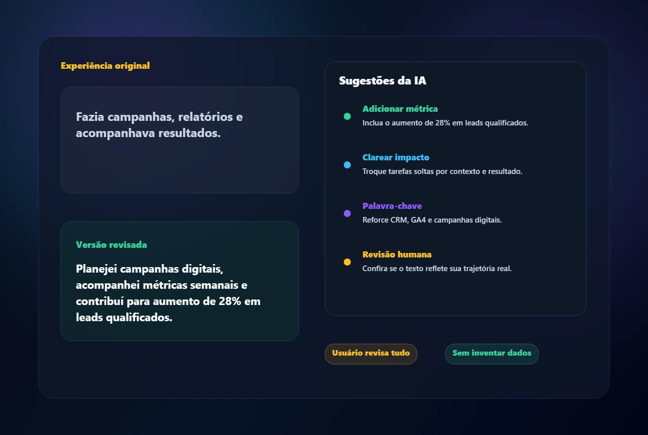 Mockup de painel com sugestões da IA para melhorar experiência profissional no currículo.