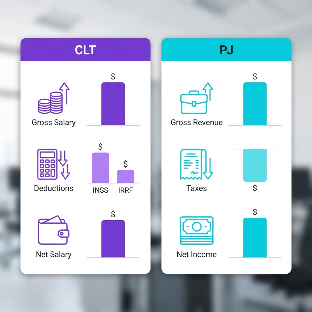 Comparação visual CLT vs PJ mostrando cálculos de salário líquido
