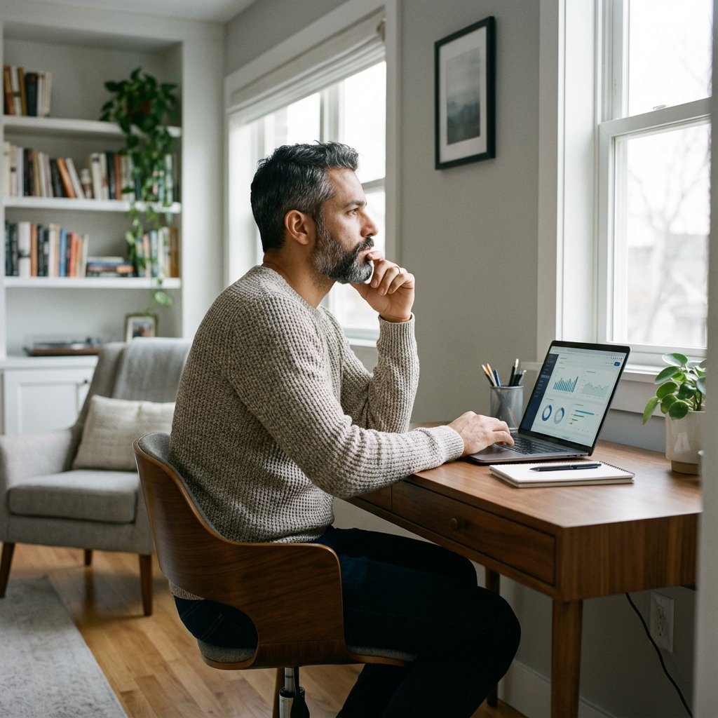 Profissional brasileiro refletindo sobre a carreira em home office